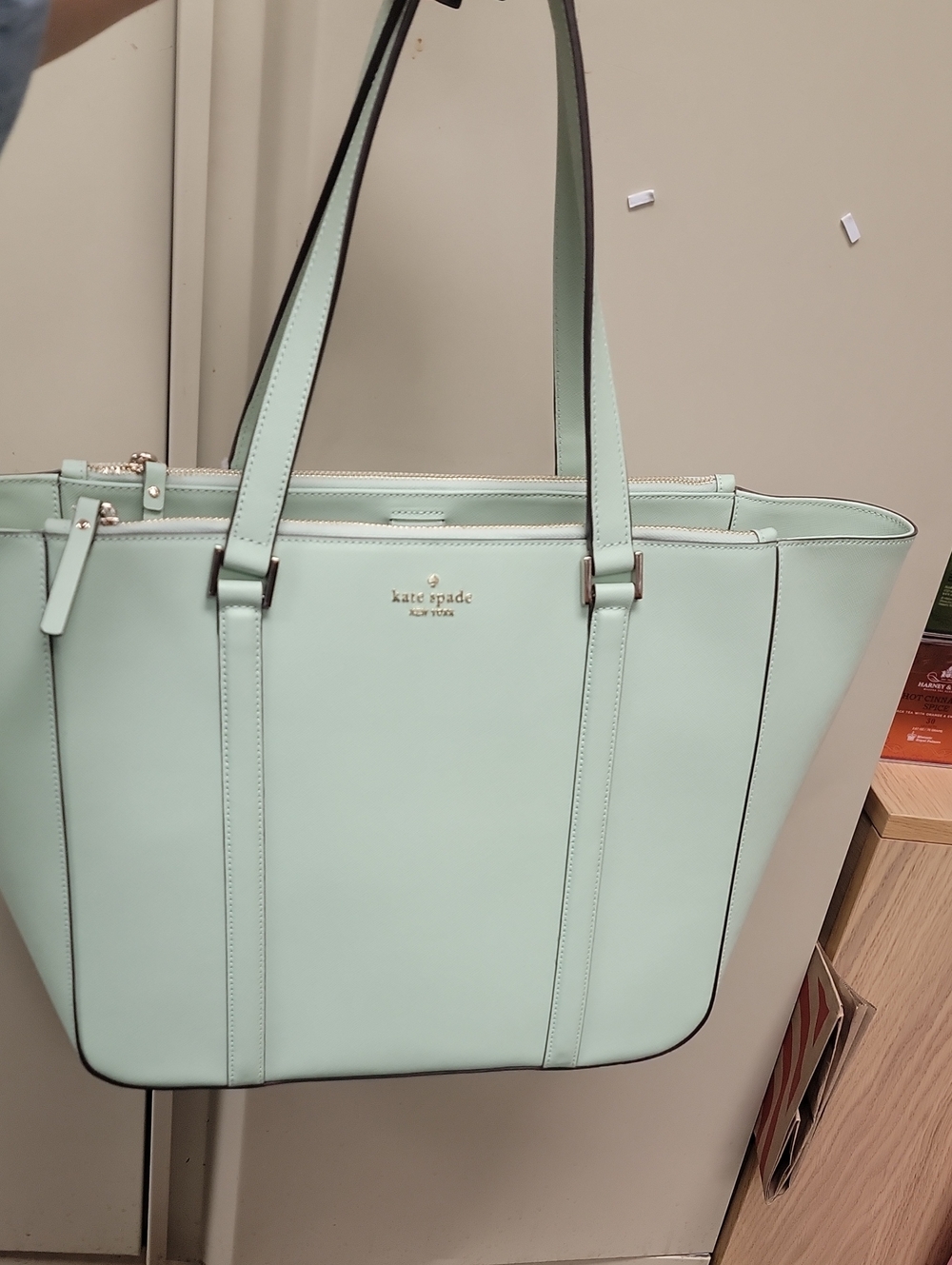 kate spade Pistachio Ice (green) leather tote with gold logo